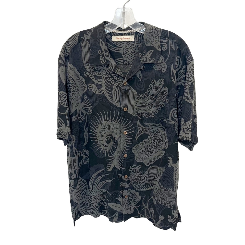 Tommy Bahama Mens Large Silk Bamboo Fish Print Button Down Shirt Black Gray